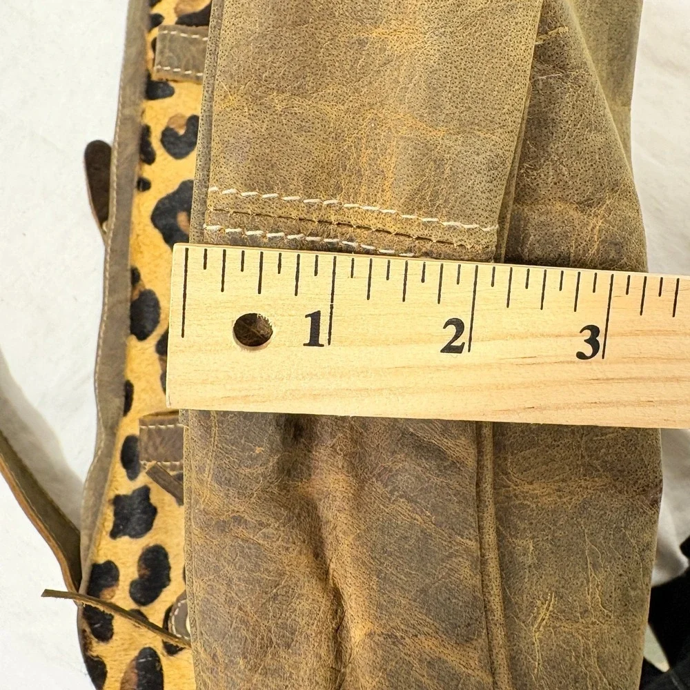 Myra Bag Brown Cheeta Leather, Leopard Hair on Cowhide Laptop Bag Fringe Western